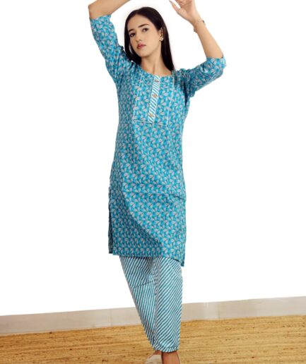 Aqua Blue Printed Cotton Kurti with Striped Pants