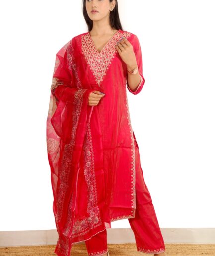Elegant Fuchsia Pink Embroidered  Suit Set with Floral Dupatta