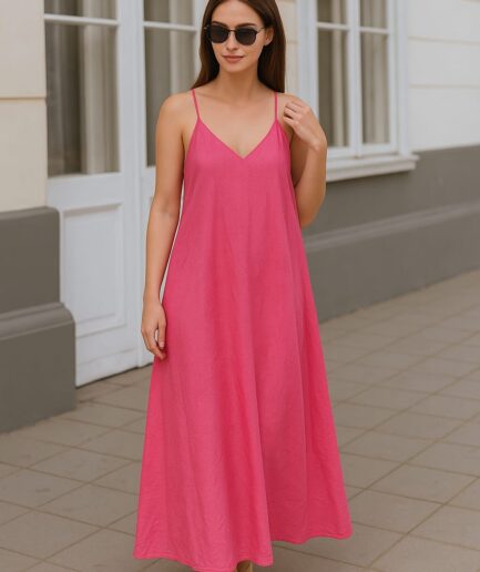 Hot Pink Cotton A-Line Maxi Dress with Spaghetti Straps