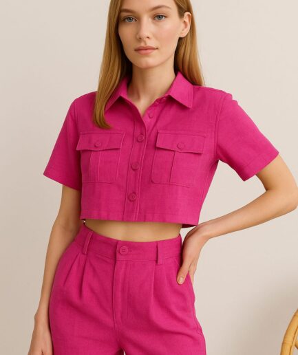 Hot Pink Cotton Co-ord Set Cropped Shirt & High-Waist Wide-Leg Pants