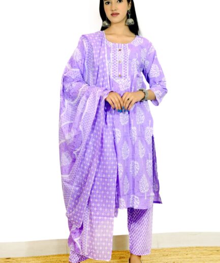 Lavender Elegance Cotton Printed Kurta Set with Dupatta