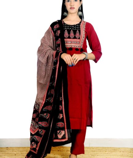 Maroon Elegance Cotton Suit Set with Printed Dupatta