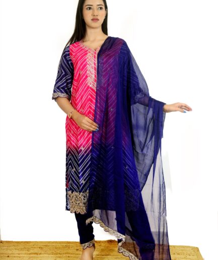 Pink & Navy Blue Bandhani Print Silk Suit Set with Embroidered Dupatta