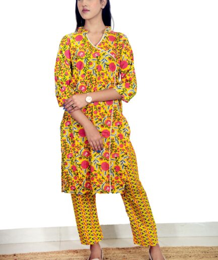 Sunshine Floral Cotton Co-ord Set – Yellow & Pink Print