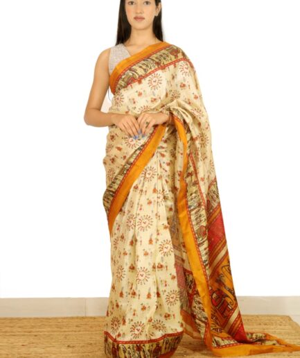 Traditional Cream Printed Cotton Saree with Tribal Art Border