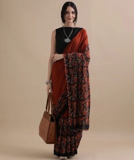 Rust & Black Floral Ready-to-Wear Saree with Contrast Blouse – Effortless Elegance