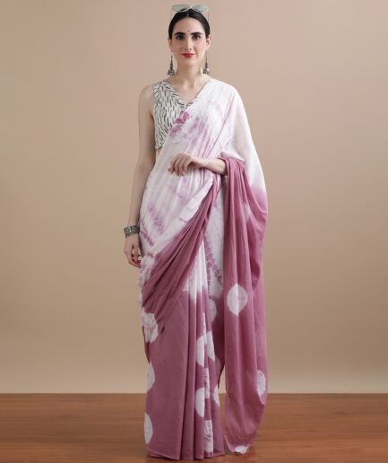 Blush Pink & White Bandhani Ready-to-Wear Cotton Saree