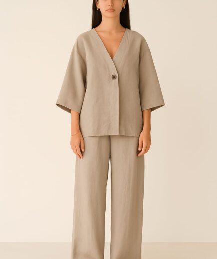 Linen co-ord set, beige outfit, oversized top, wide-leg pants, minimalist clothing, relaxed fit outfit, breathable fabric, neutral fashion, lounge co-ord, comfy co-ord set, timeless fashion, travel-friendly outfit, sustainable style, casual chic set